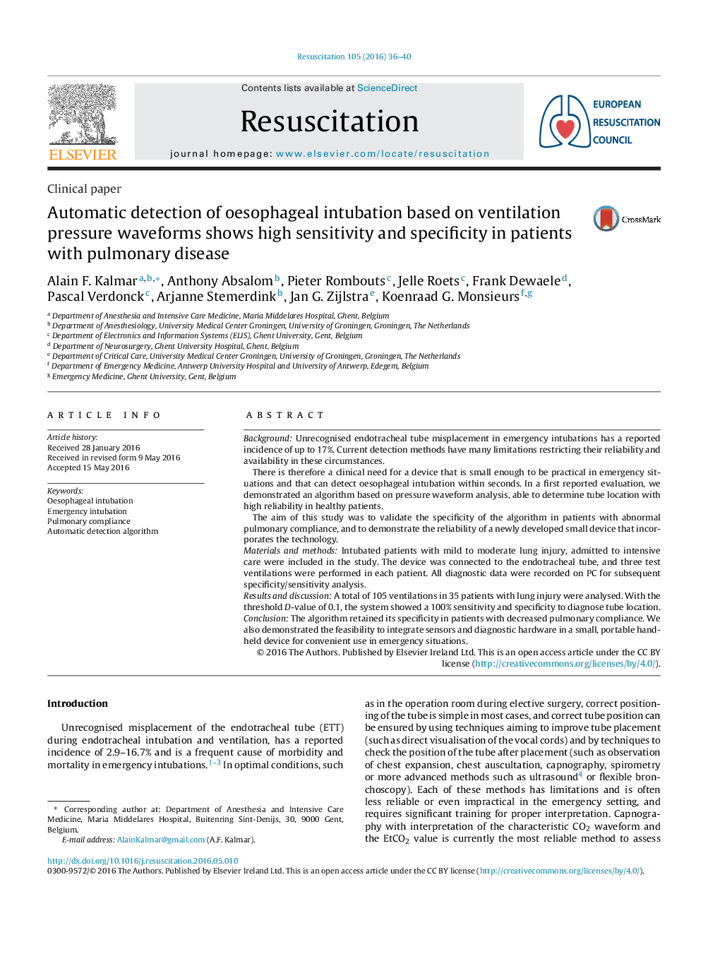 Automatic detection of oesophageal intubation based on ventilation pressure waveforms shows high sensitivity and specificity in patients with pulmonary disease