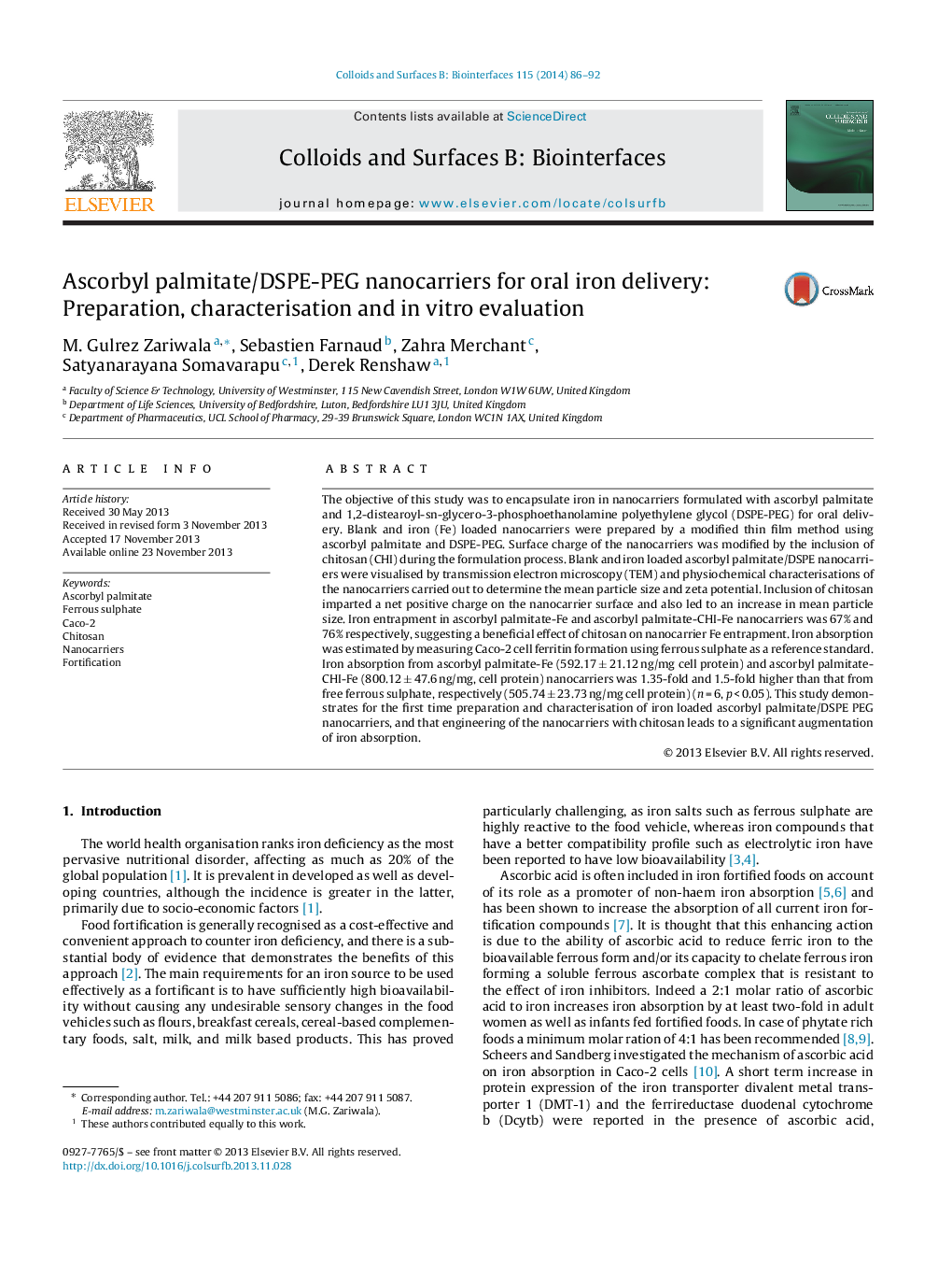 Ascorbyl palmitate/DSPE-PEG nanocarriers for oral iron delivery: Preparation, characterisation and in vitro evaluation