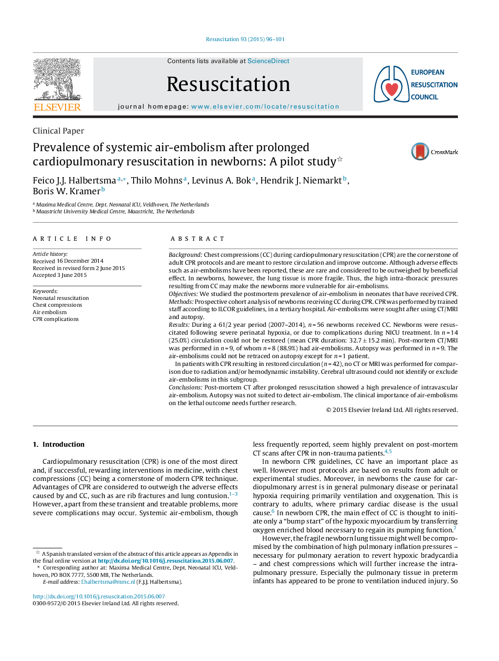 Prevalence of systemic air-embolism after prolonged cardiopulmonary resuscitation in newborns: A pilot study