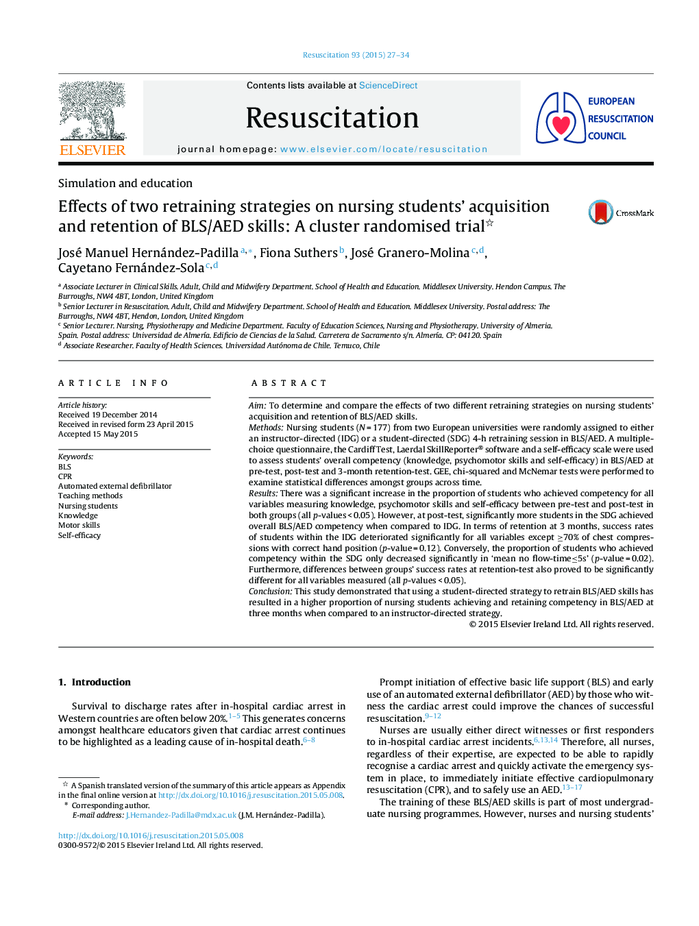 Effects of two retraining strategies on nursing students' acquisition and retention of BLS/AED skills: A cluster randomised trial