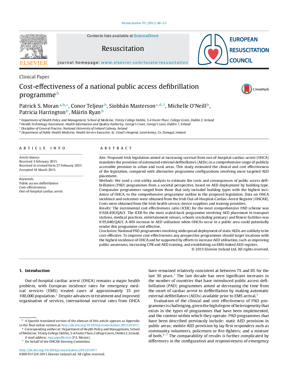 Cost-effectiveness of a national public access defibrillation programme