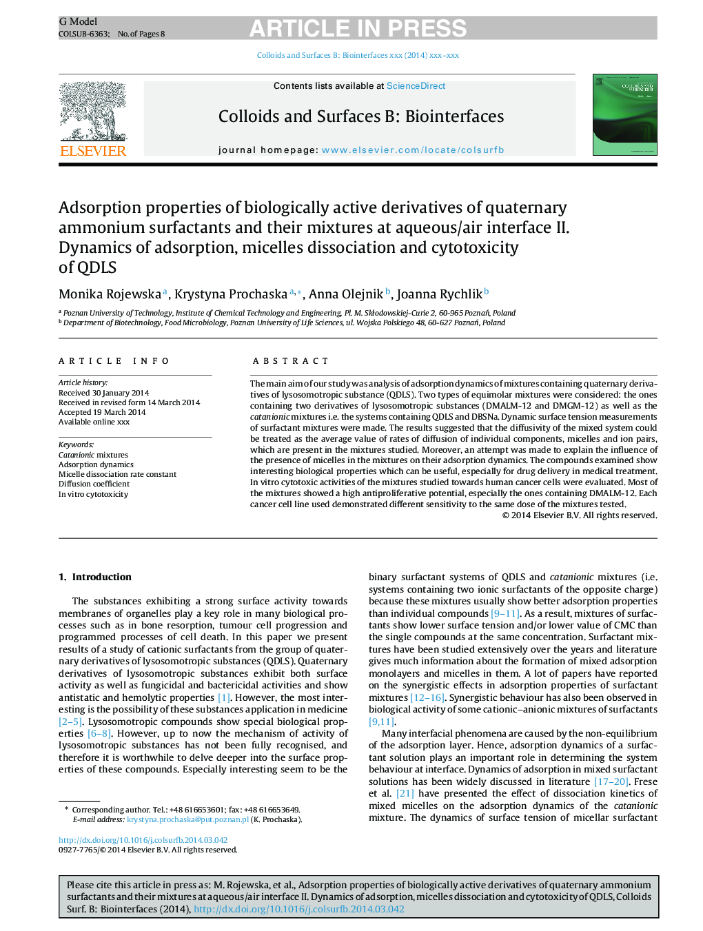 Adsorption properties of biologically active derivatives of quaternary ammonium surfactants and their mixtures at aqueous/air interface II. Dynamics of adsorption, micelles dissociation and cytotoxicity of QDLS