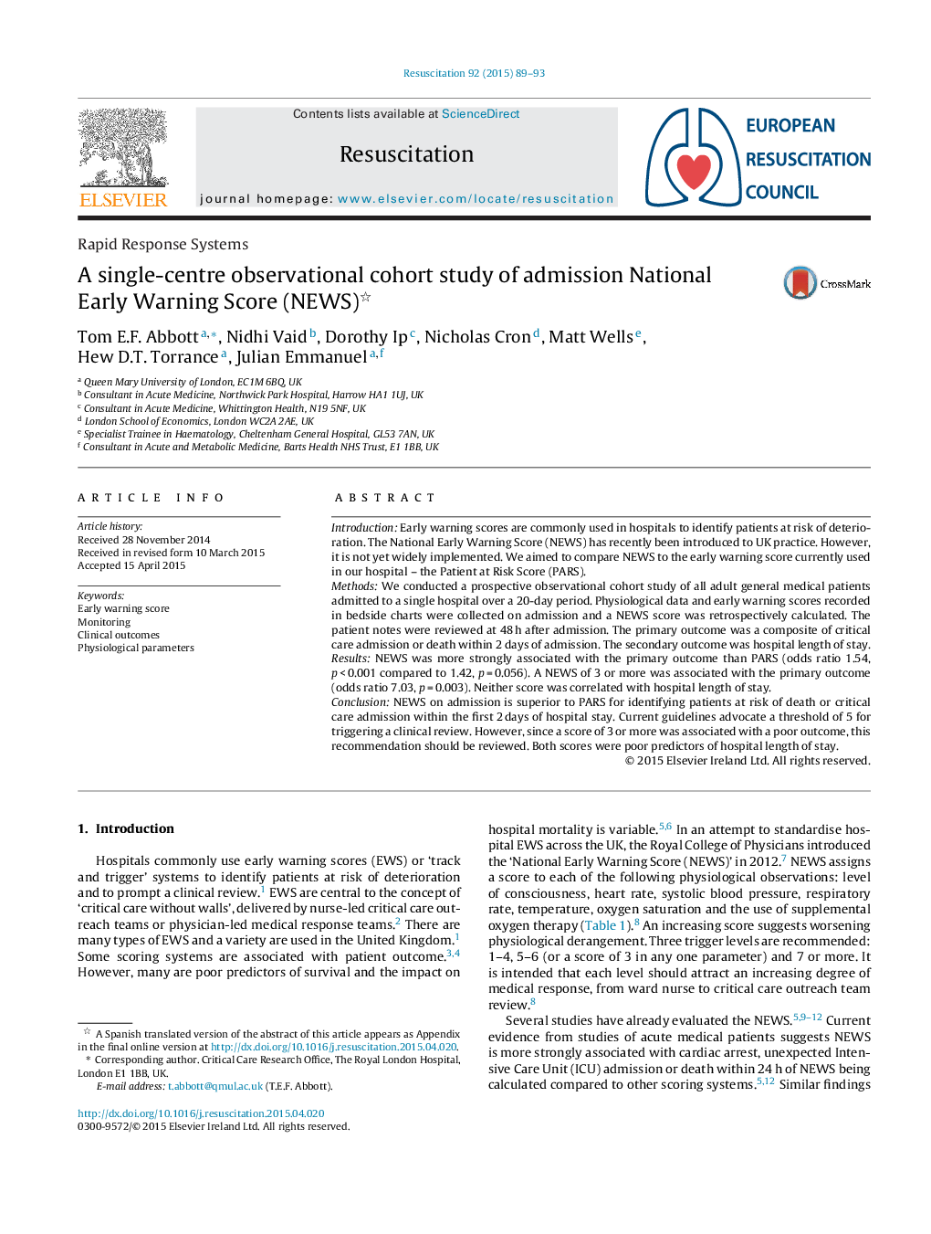 A single-centre observational cohort study of admission National Early Warning Score (NEWS)