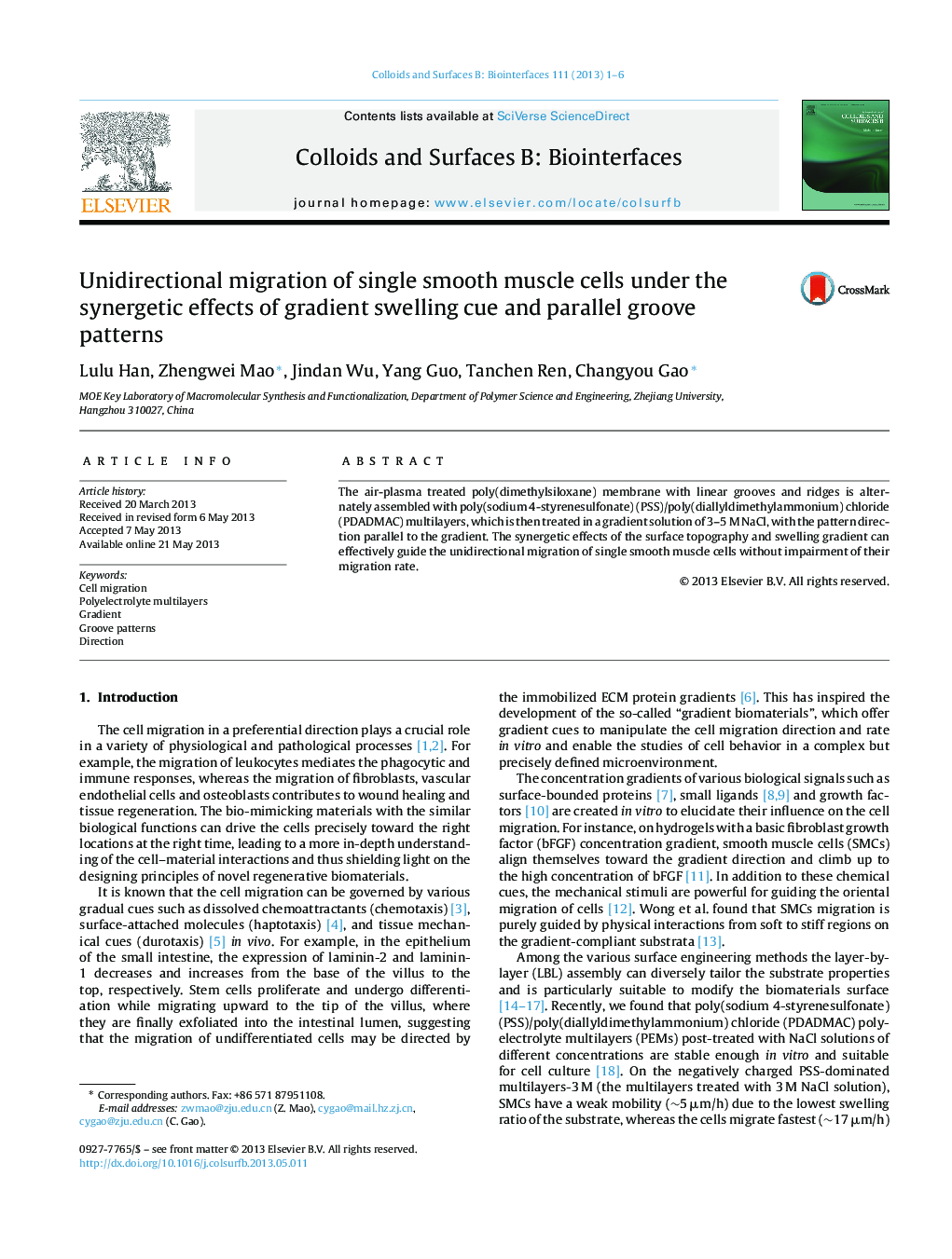 Unidirectional migration of single smooth muscle cells under the synergetic effects of gradient swelling cue and parallel groove patterns