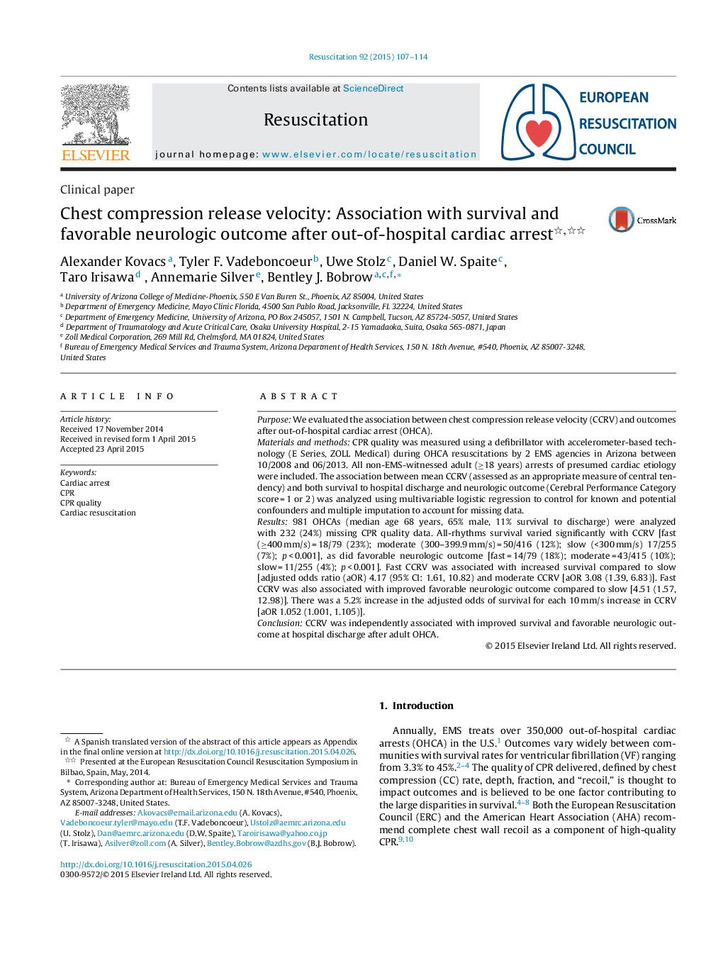 Chest compression release velocity: Association with survival and favorable neurologic outcome after out-of-hospital cardiac arrest