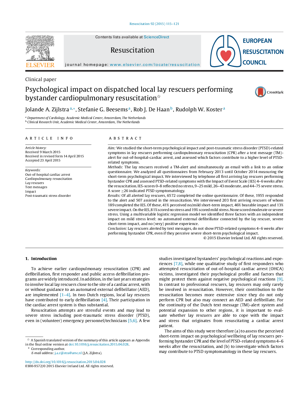 Psychological impact on dispatched local lay rescuers performing bystander cardiopulmonary resuscitation