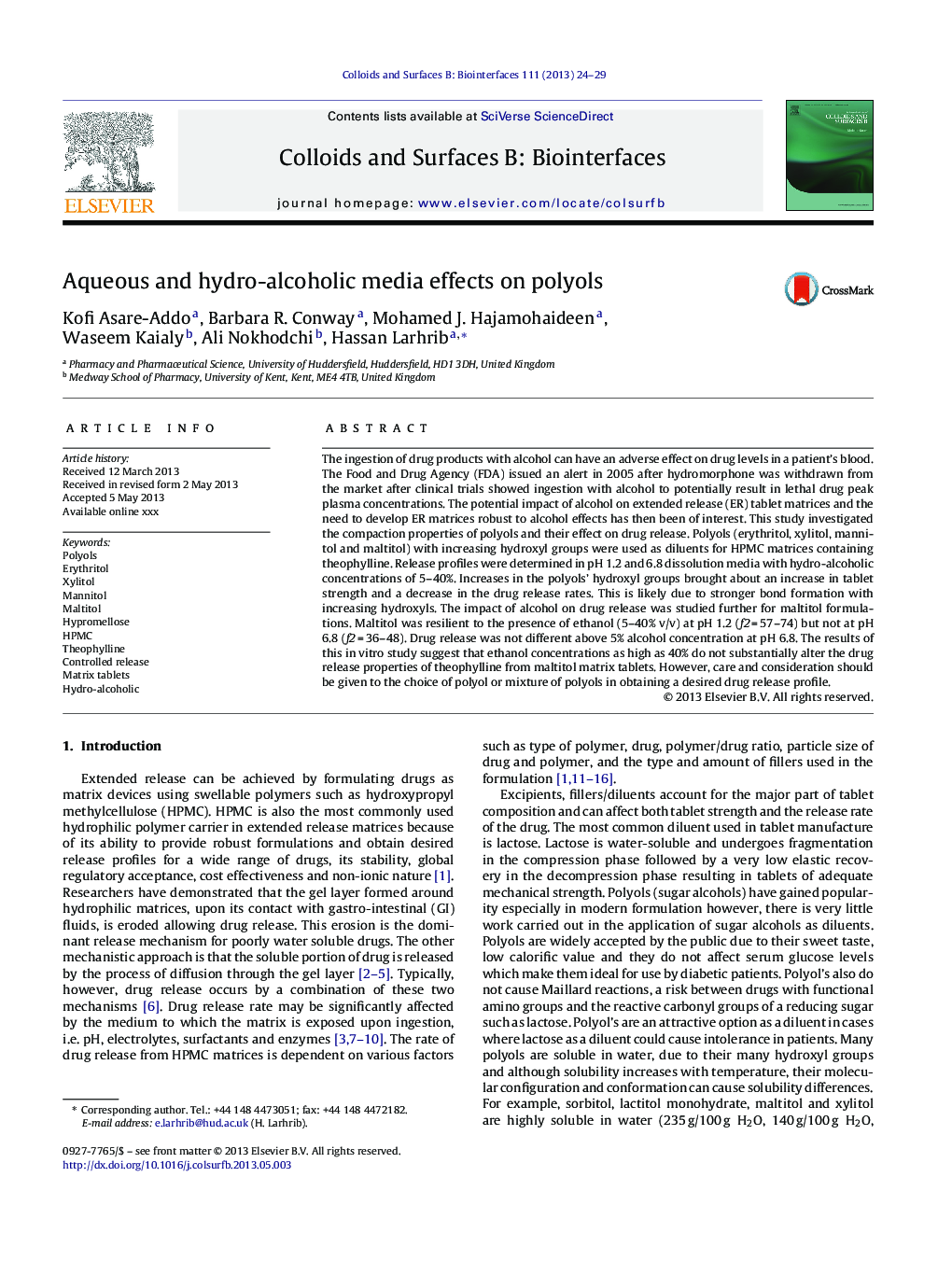 Aqueous and hydro-alcoholic media effects on polyols