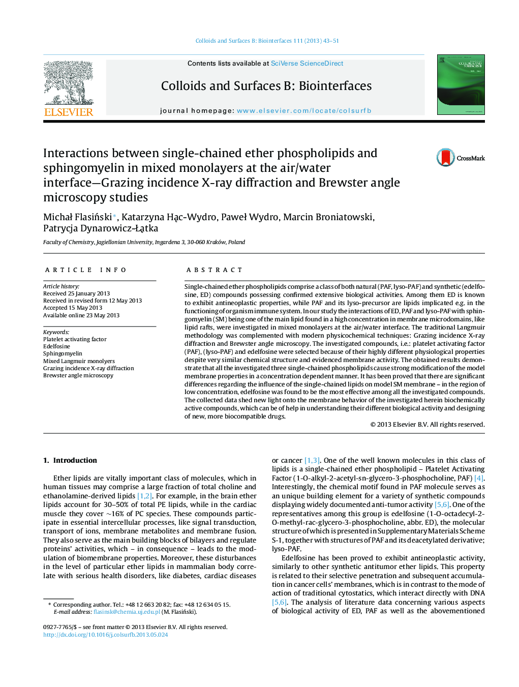 Interactions between single-chained ether phospholipids and sphingomyelin in mixed monolayers at the air/water interface-Grazing incidence X-ray diffraction and Brewster angle microscopy studies