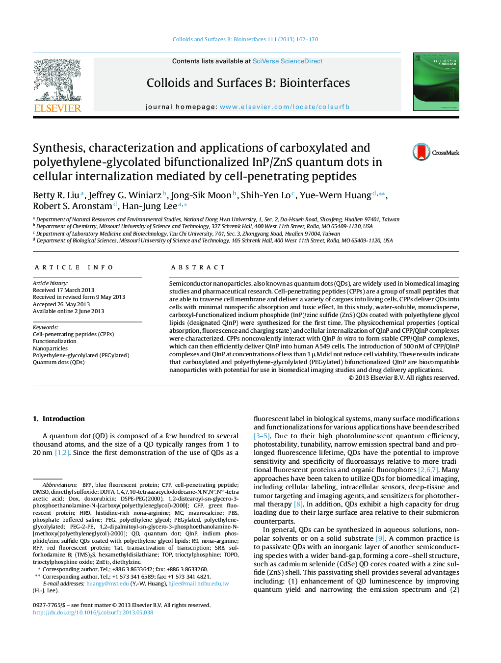 Synthesis, characterization and applications of carboxylated and polyethylene-glycolated bifunctionalized InP/ZnS quantum dots in cellular internalization mediated by cell-penetrating peptides