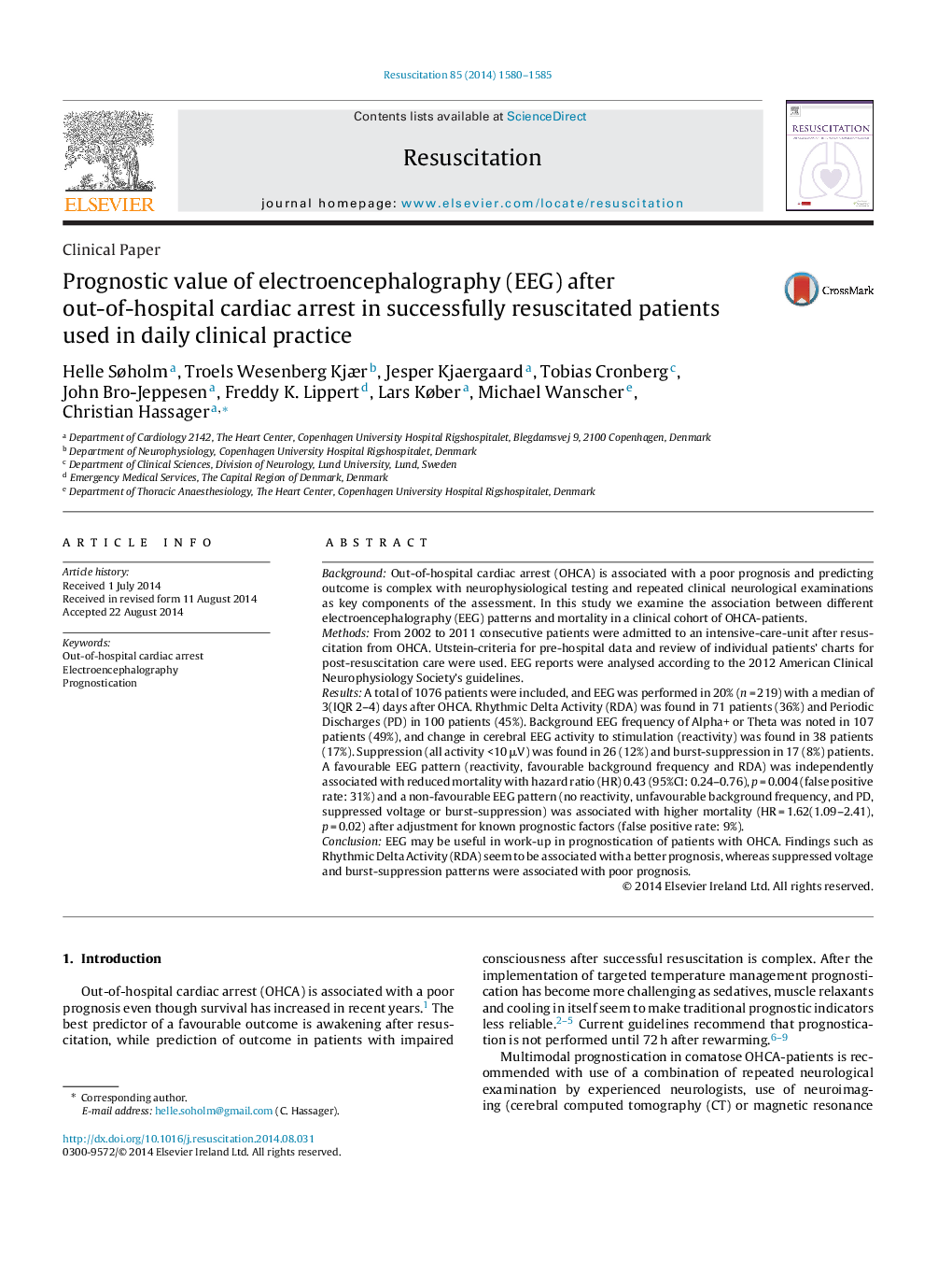 Prognostic value of electroencephalography (EEG) after out-of-hospital cardiac arrest in successfully resuscitated patients used in daily clinical practice