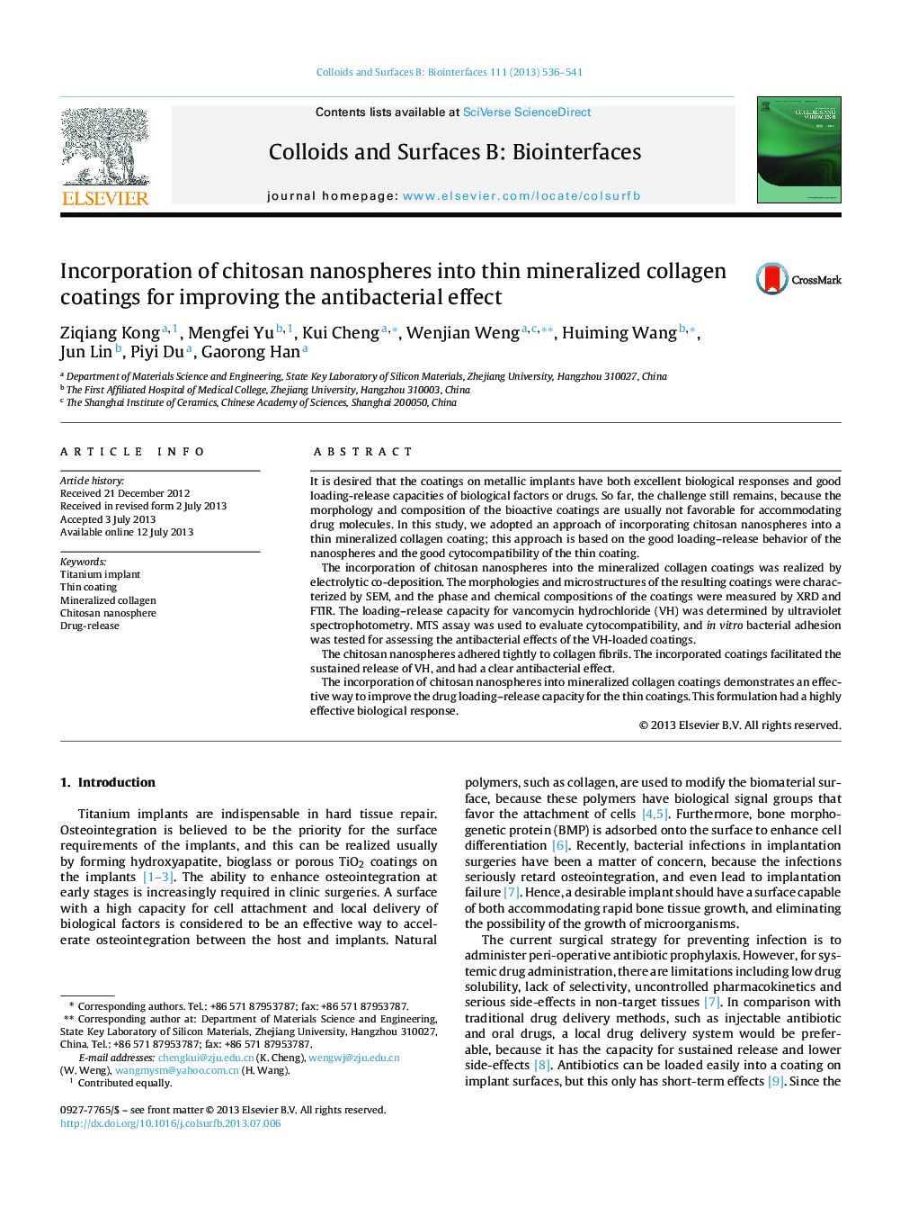 Incorporation of chitosan nanospheres into thin mineralized collagen coatings for improving the antibacterial effect