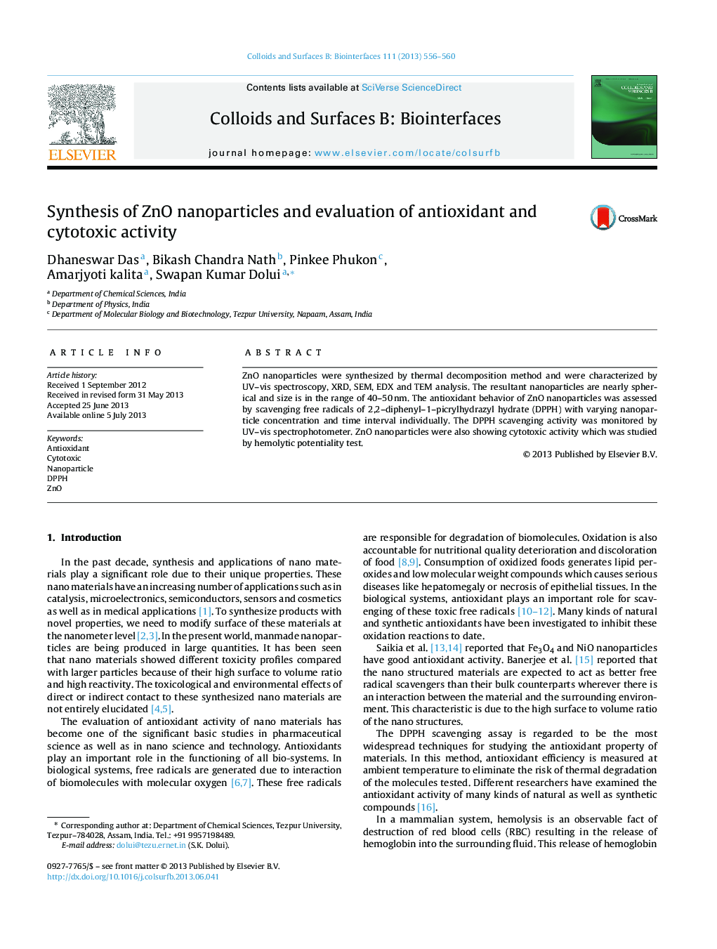 Synthesis of ZnO nanoparticles and evaluation of antioxidant and cytotoxic activity