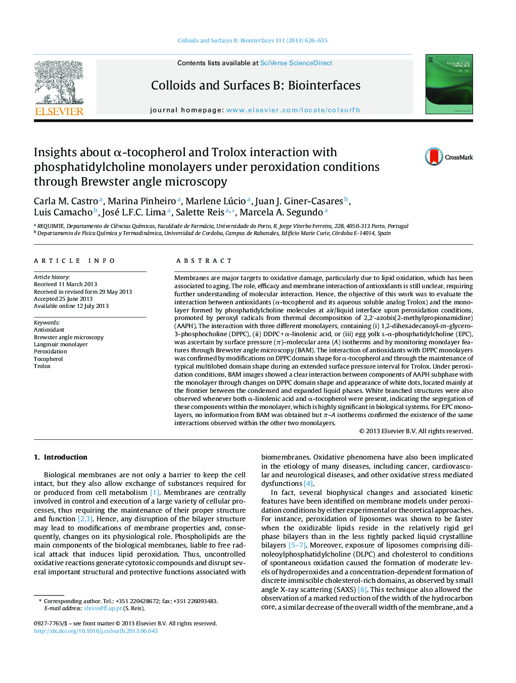 Insights about α-tocopherol and Trolox interaction with phosphatidylcholine monolayers under peroxidation conditions through Brewster angle microscopy