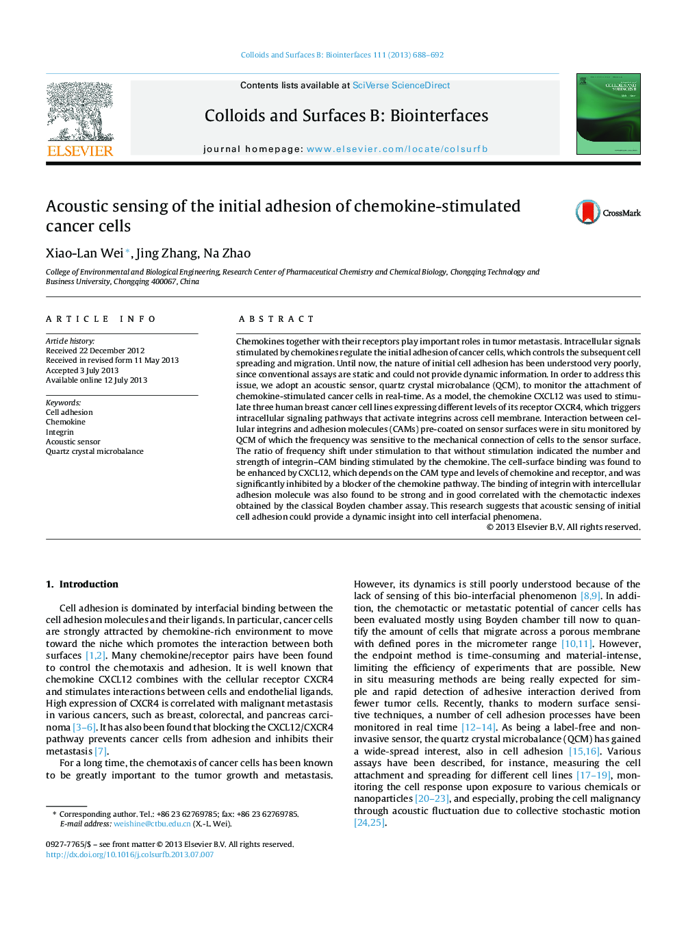 Acoustic sensing of the initial adhesion of chemokine-stimulated cancer cells