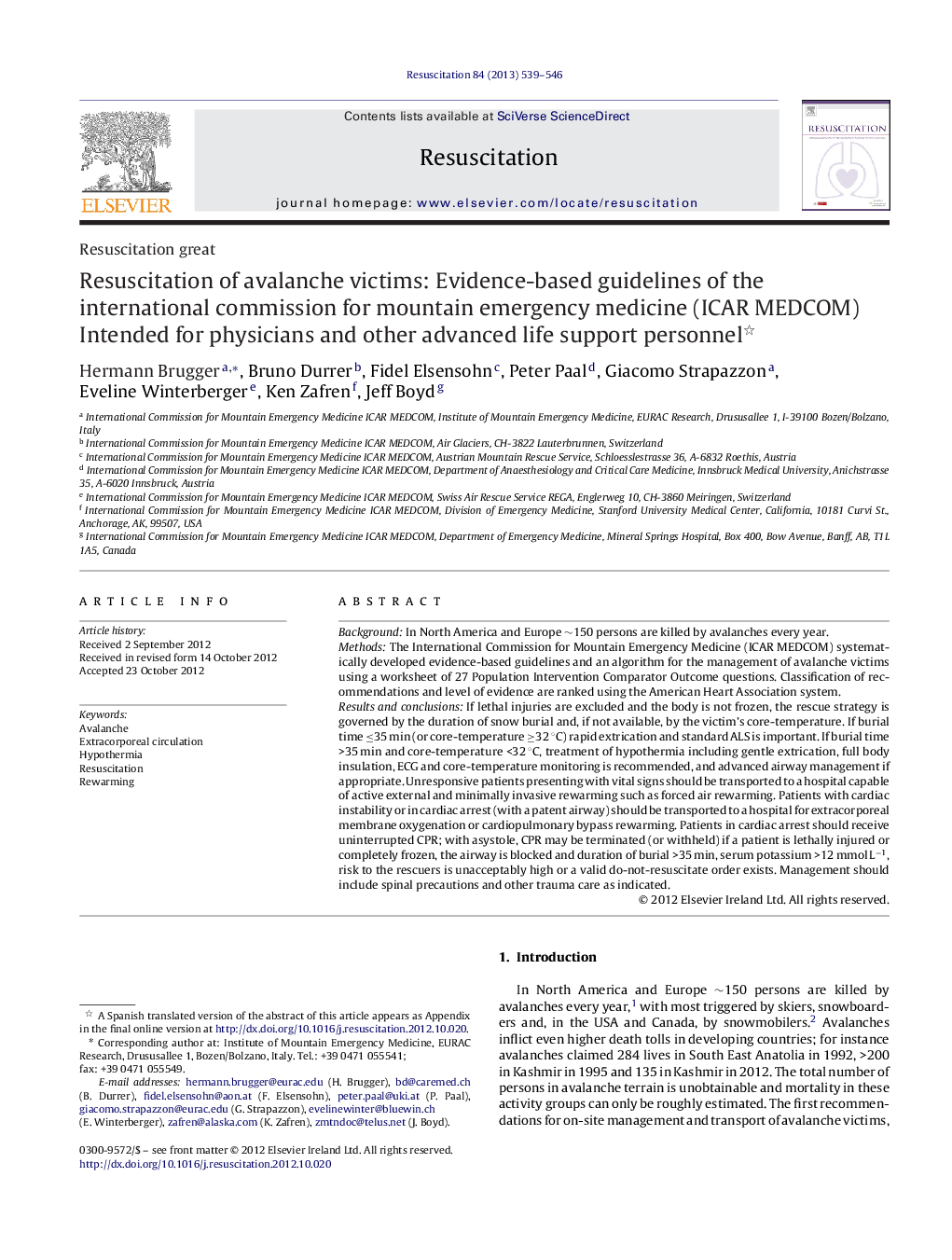 Resuscitation of avalanche victims: Evidence-based guidelines of the international commission for mountain emergency medicine (ICAR MEDCOM): Intended for physicians and other advanced life support personnel