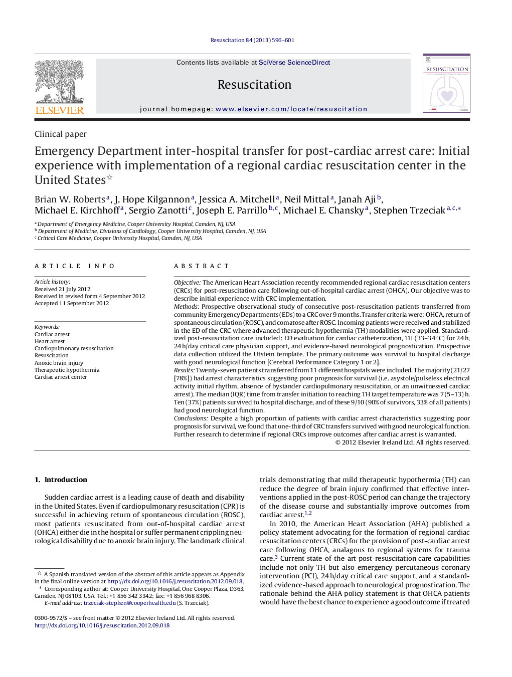 Emergency Department inter-hospital transfer for post-cardiac arrest care: Initial experience with implementation of a regional cardiac resuscitation center in the United States