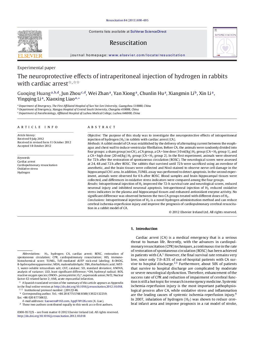 The neuroprotective effects of intraperitoneal injection of hydrogen in rabbits with cardiac arrest