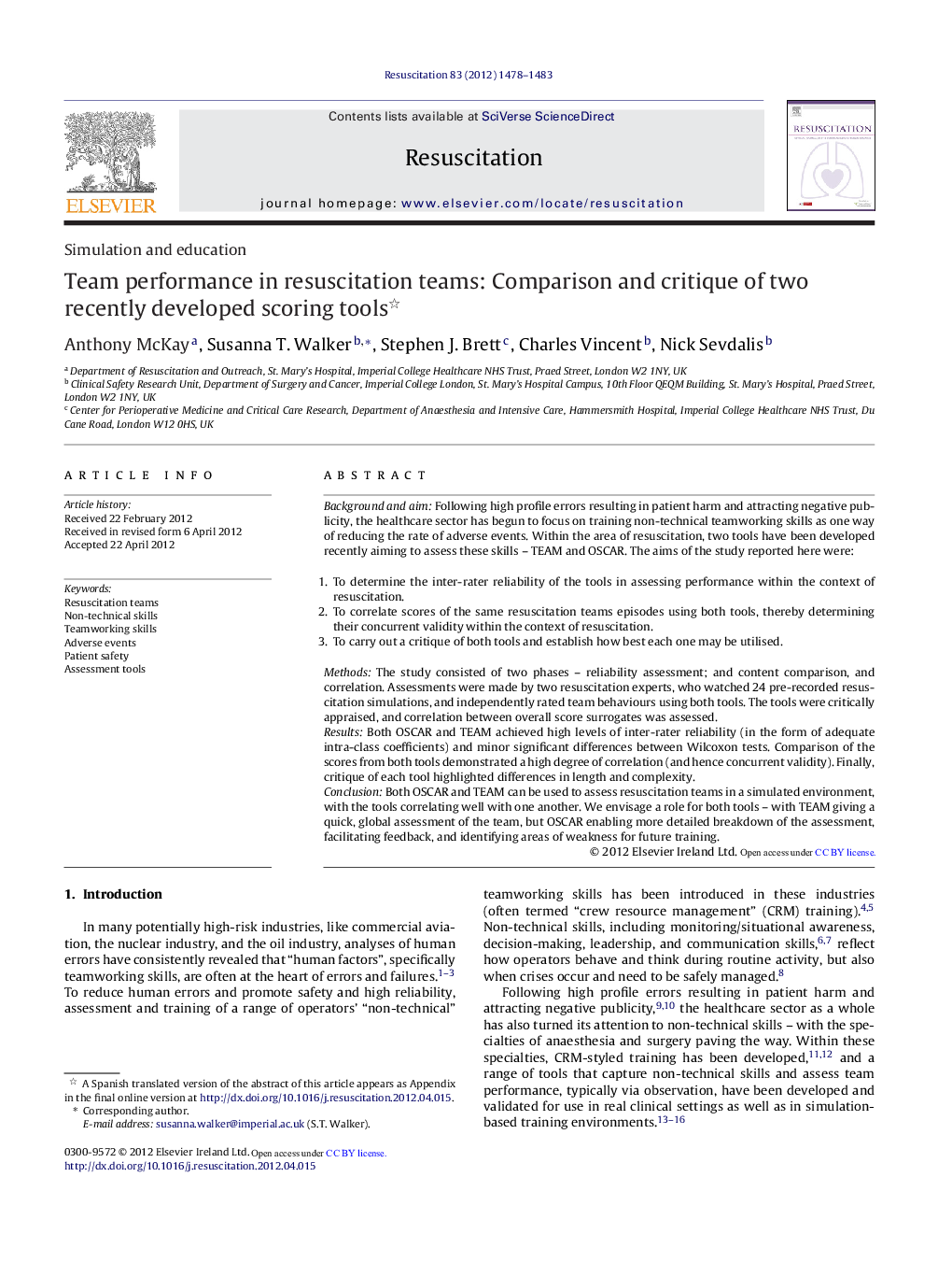 Team performance in resuscitation teams: Comparison and critique of two recently developed scoring tools