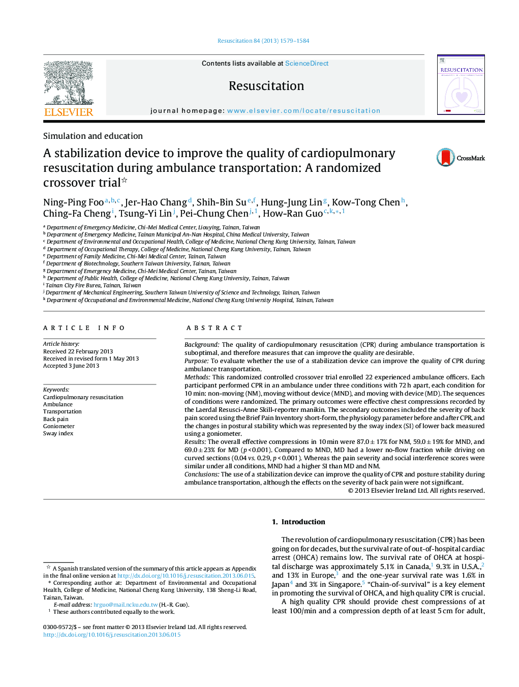 A stabilization device to improve the quality of cardiopulmonary resuscitation during ambulance transportation: A randomized crossover trial