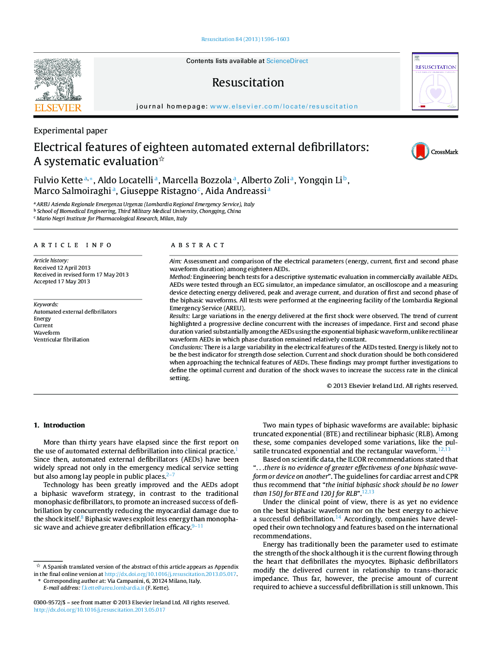 Electrical features of eighteen automated external defibrillators: A systematic evaluation