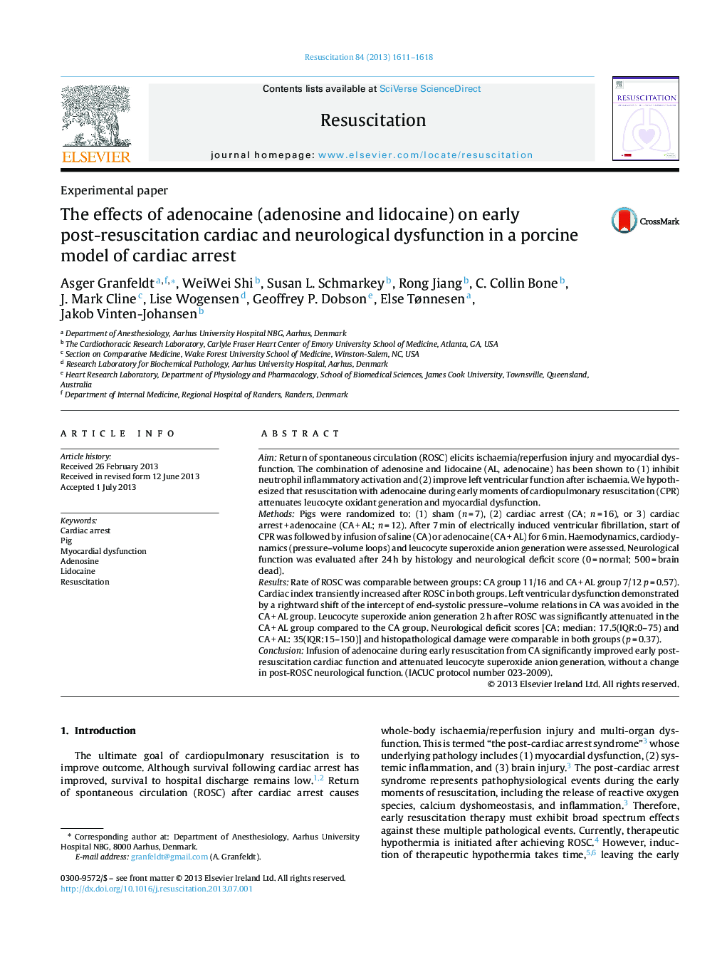 The effects of adenocaine (adenosine and lidocaine) on early post-resuscitation cardiac and neurological dysfunction in a porcine model of cardiac arrest