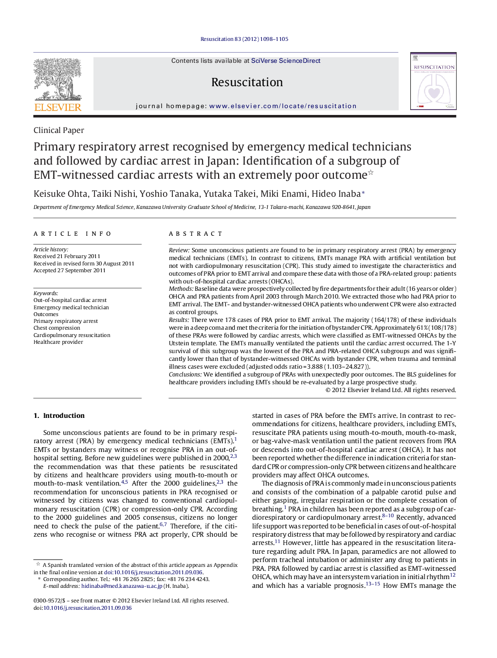 Primary respiratory arrest recognised by emergency medical technicians and followed by cardiac arrest in Japan: Identification of a subgroup of EMT-witnessed cardiac arrests with an extremely poor outcome