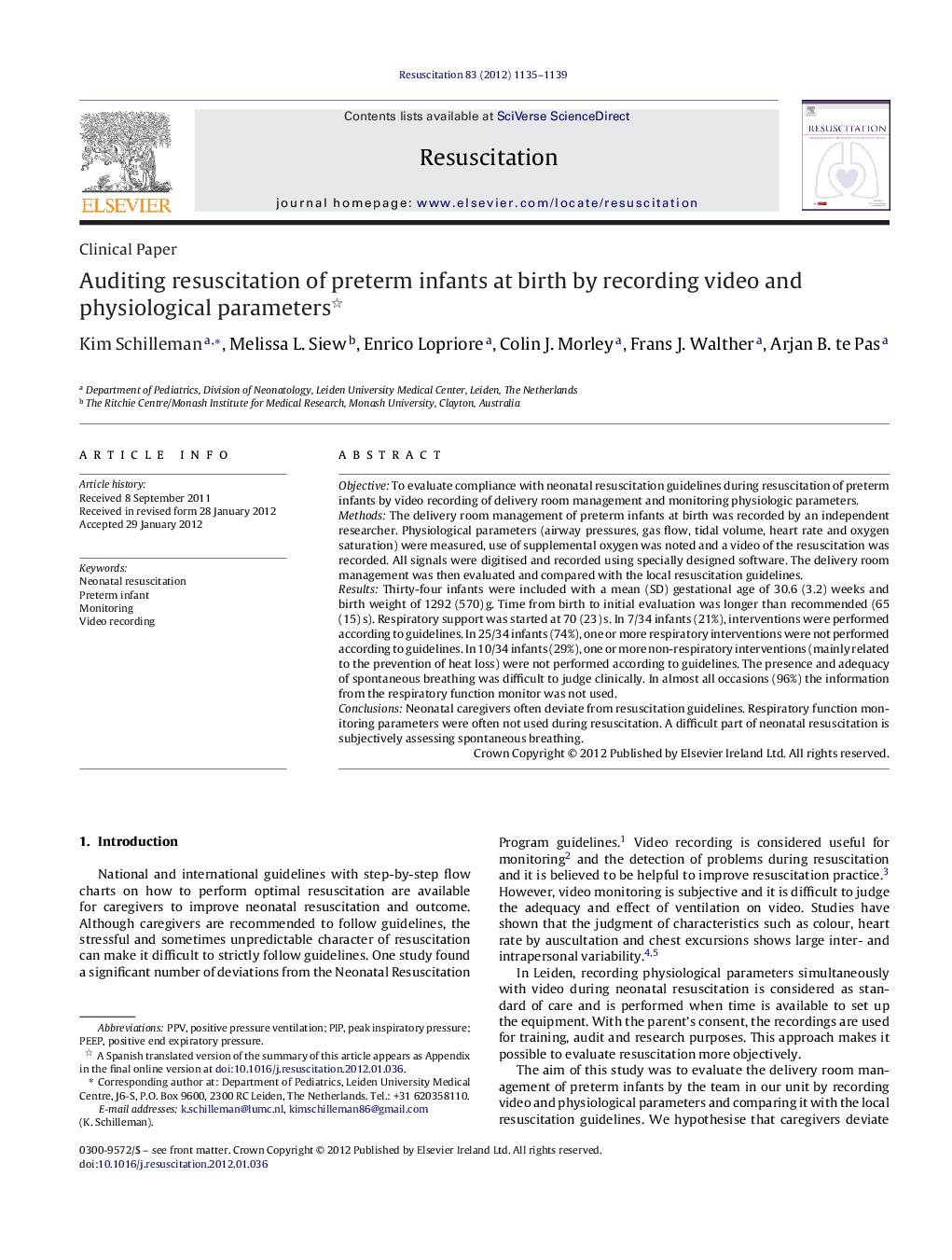 Auditing resuscitation of preterm infants at birth by recording video and physiological parameters