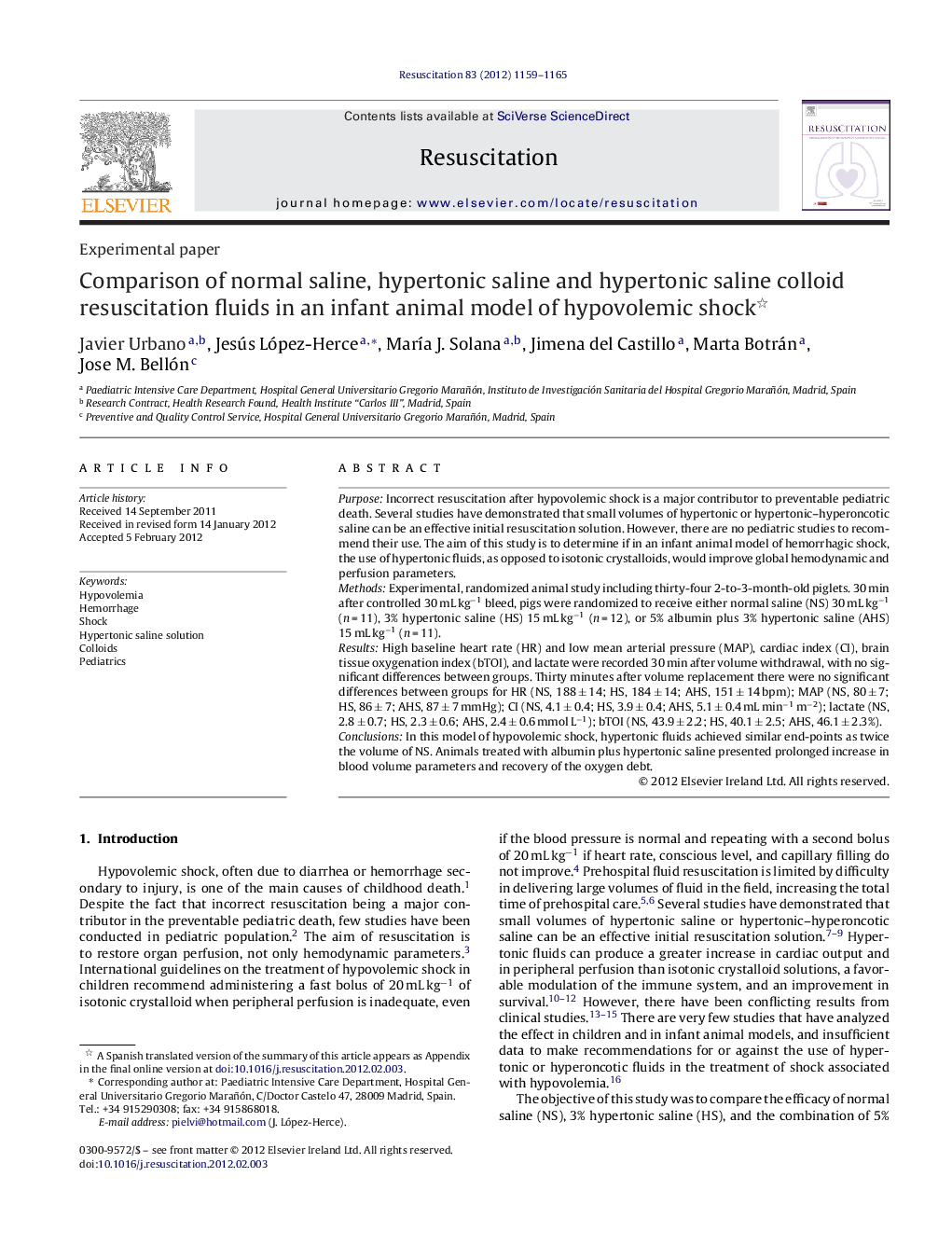 Comparison of normal saline, hypertonic saline and hypertonic saline colloid resuscitation fluids in an infant animal model of hypovolemic shock