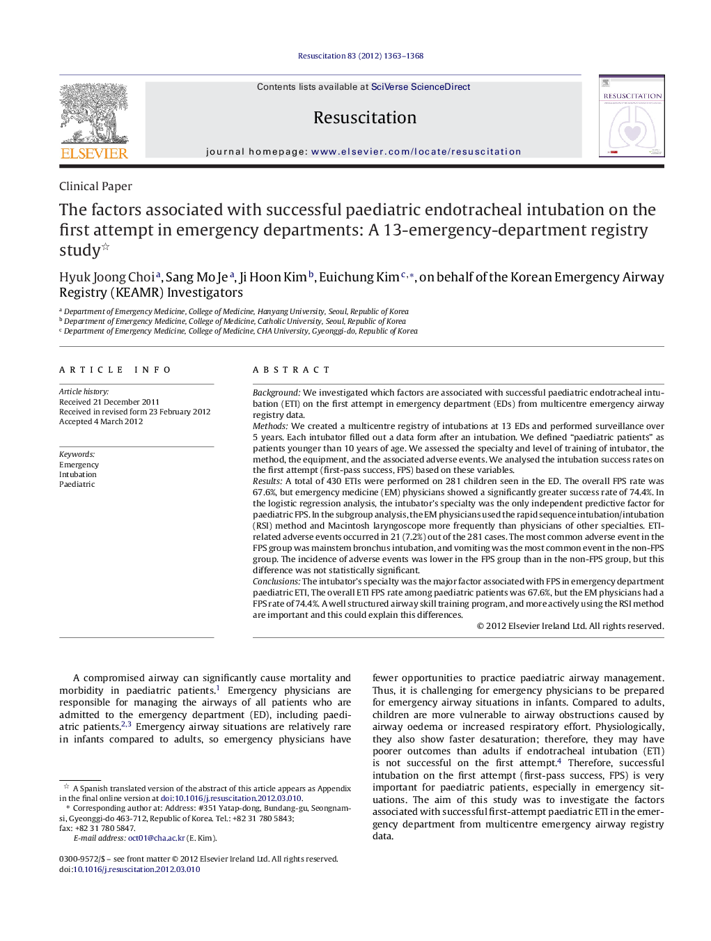 The factors associated with successful paediatric endotracheal intubation on the first attempt in emergency departments: A 13-emergency-department registry study