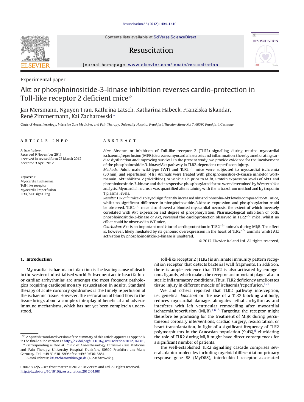 Akt or phosphoinositide-3-kinase inhibition reverses cardio-protection in Toll-like receptor 2 deficient mice