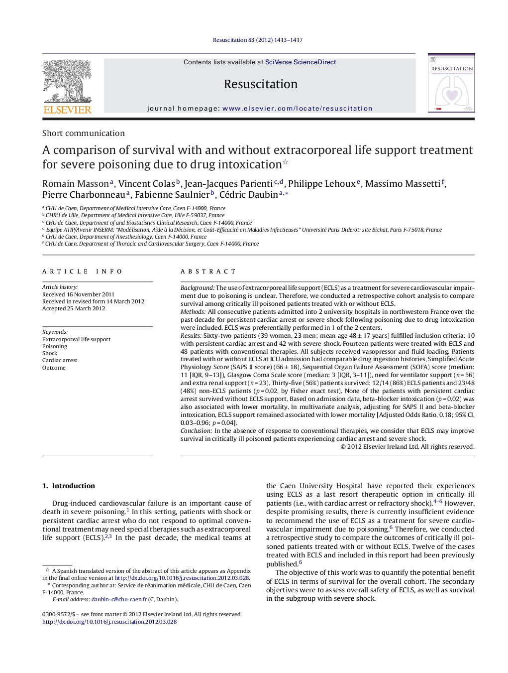 A comparison of survival with and without extracorporeal life support treatment for severe poisoning due to drug intoxication