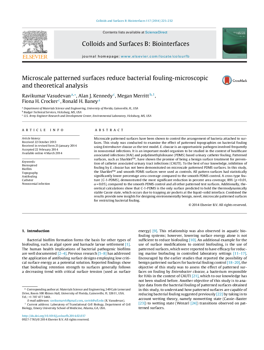 Microscale patterned surfaces reduce bacterial fouling-microscopic and theoretical analysis