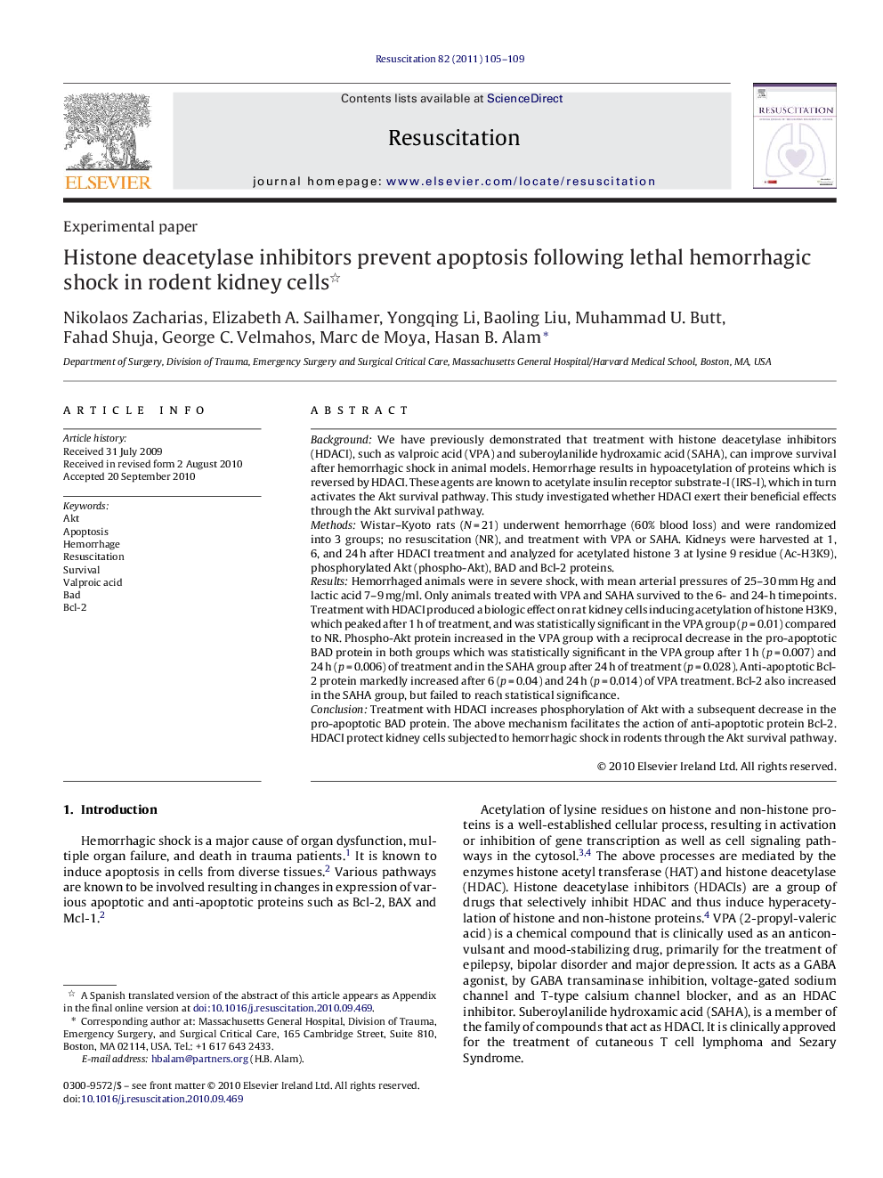 Histone deacetylase inhibitors prevent apoptosis following lethal hemorrhagic shock in rodent kidney cells