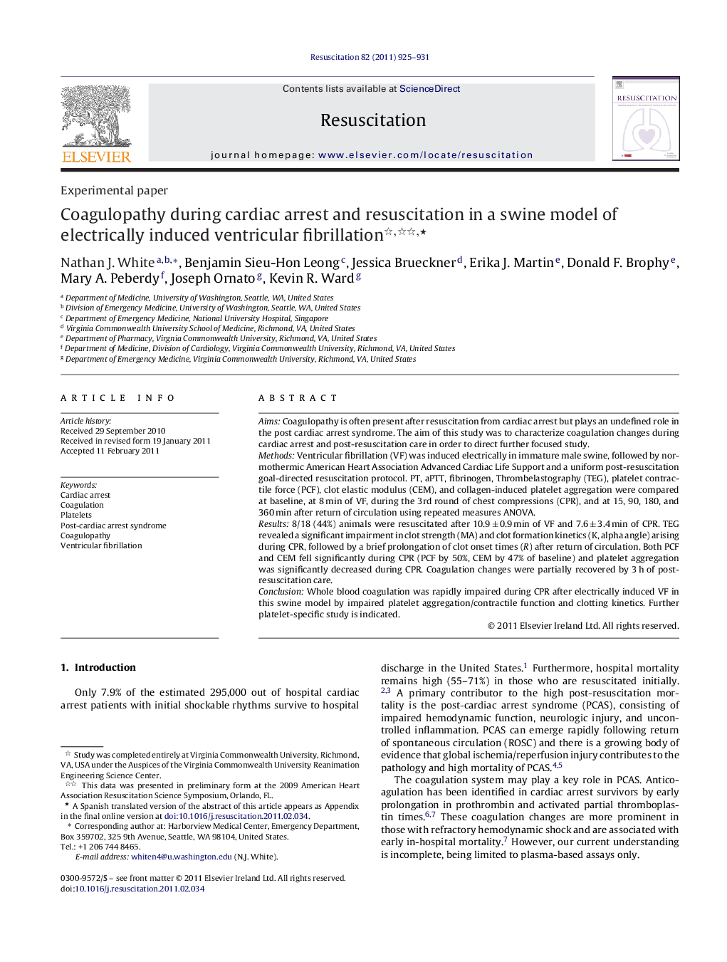 Coagulopathy during cardiac arrest and resuscitation in a swine model of electrically induced ventricular fibrillationâ