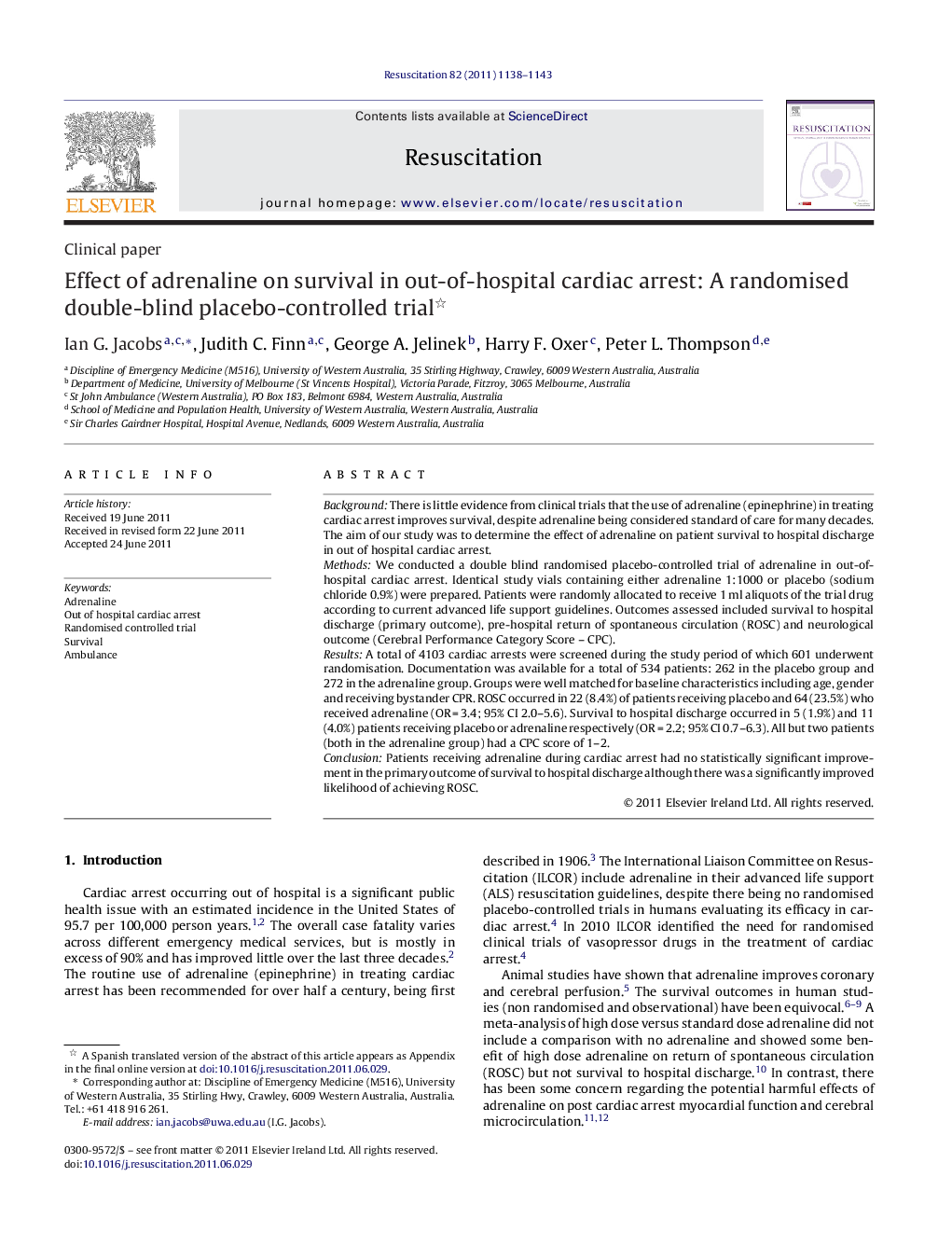 Effect of adrenaline on survival in out-of-hospital cardiac arrest: A randomised double-blind placebo-controlled trial