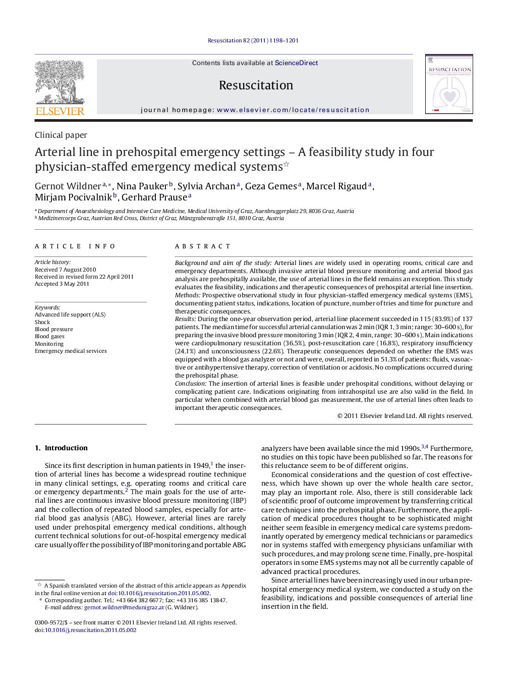 Arterial line in prehospital emergency settings - A feasibility study in four physician-staffed emergency medical systems