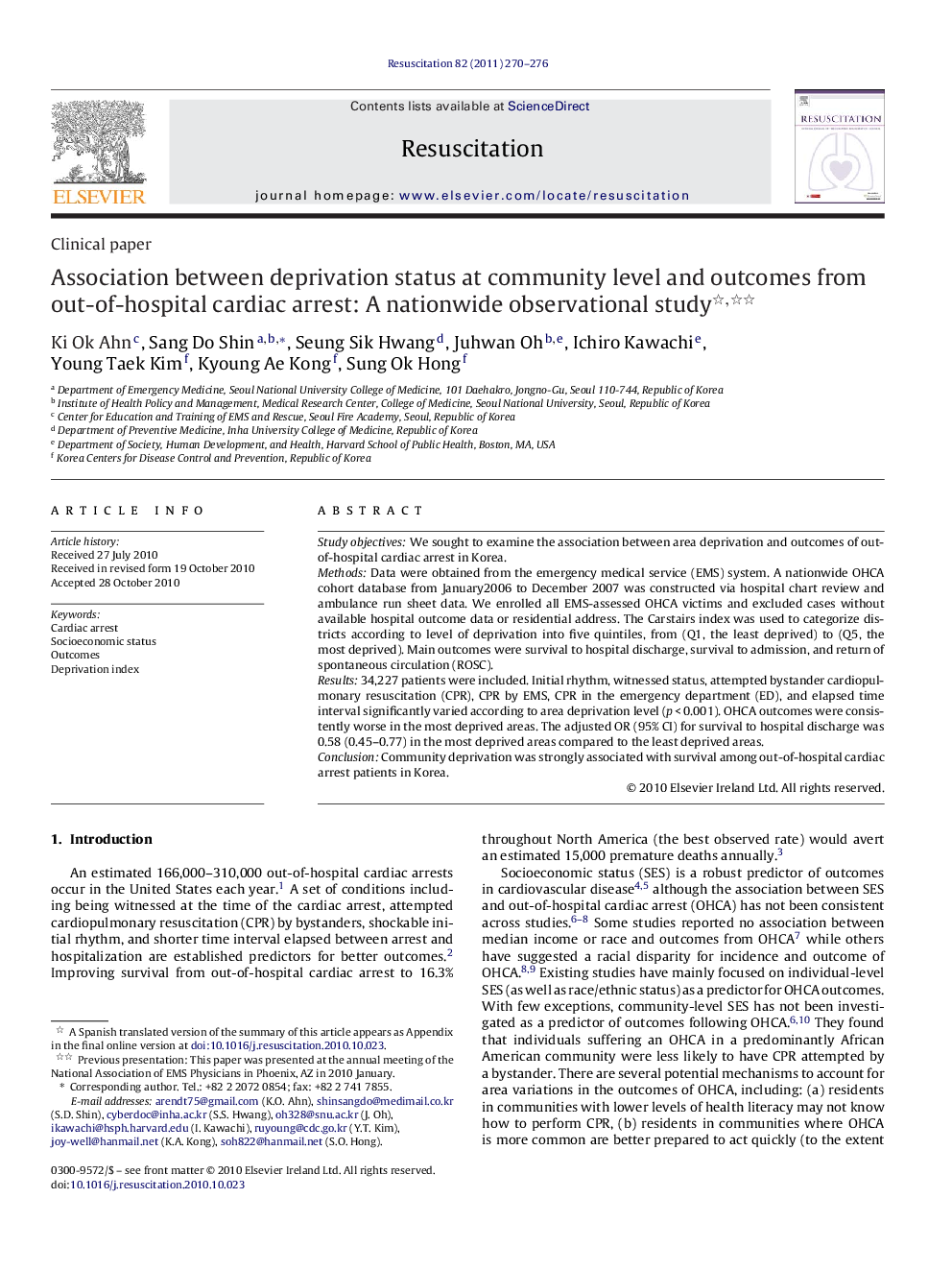 Association between deprivation status at community level and outcomes from out-of-hospital cardiac arrest: A nationwide observational study