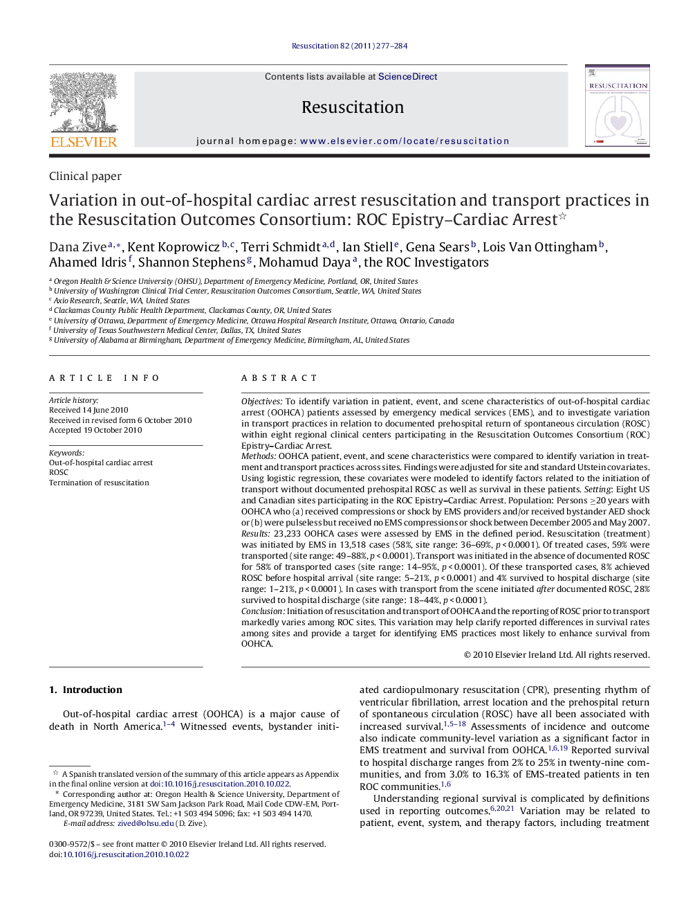 Variation in out-of-hospital cardiac arrest resuscitation and transport practices in the Resuscitation Outcomes Consortium: ROC Epistry-Cardiac Arrest