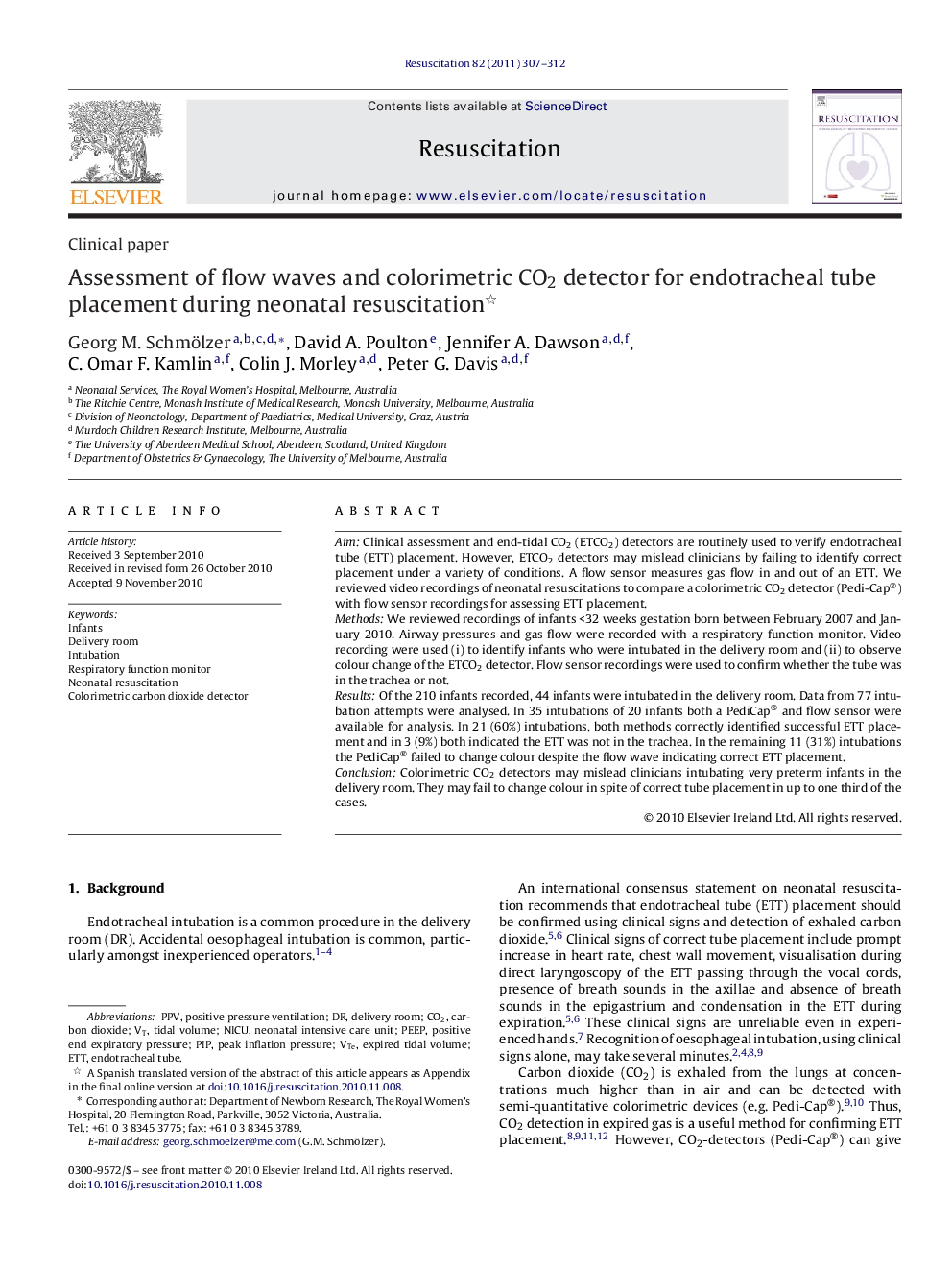 Assessment of flow waves and colorimetric CO2 detector for endotracheal tube placement during neonatal resuscitation