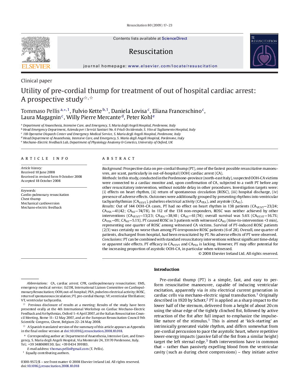 Utility of pre-cordial thump for treatment of out of hospital cardiac arrest: A prospective study