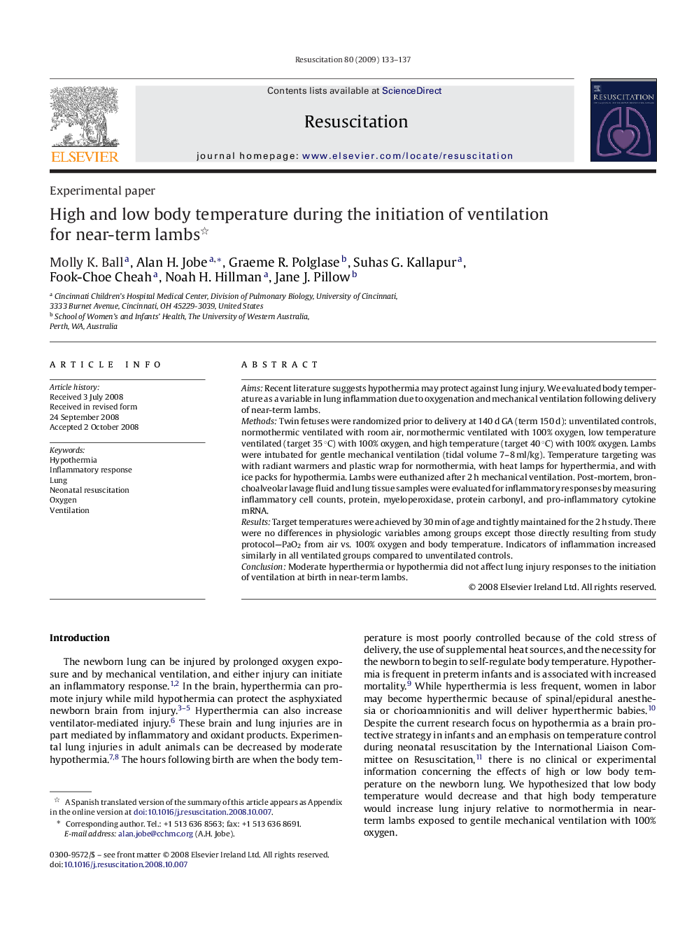 High and low body temperature during the initiation of ventilation for near-term lambs