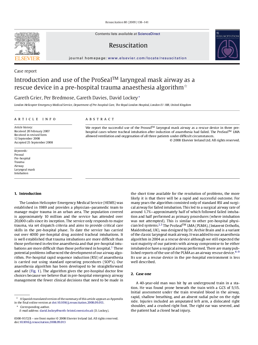 Introduction and use of the ProSealâ¢ laryngeal mask airway as a rescue device in a pre-hospital trauma anaesthesia algorithm