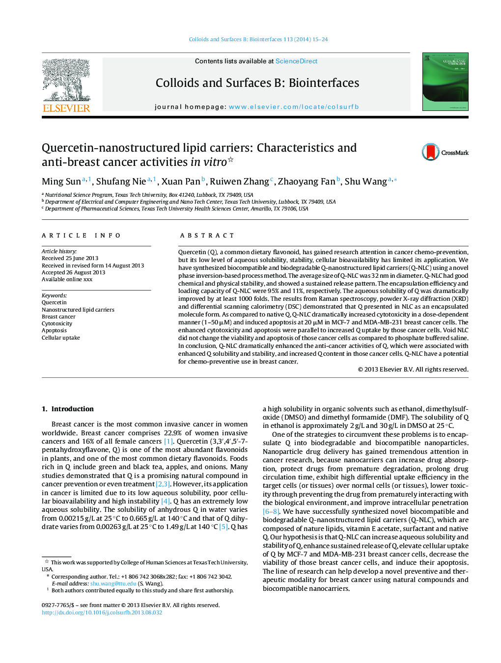 Quercetin-nanostructured lipid carriers: Characteristics and anti-breast cancer activities in vitro