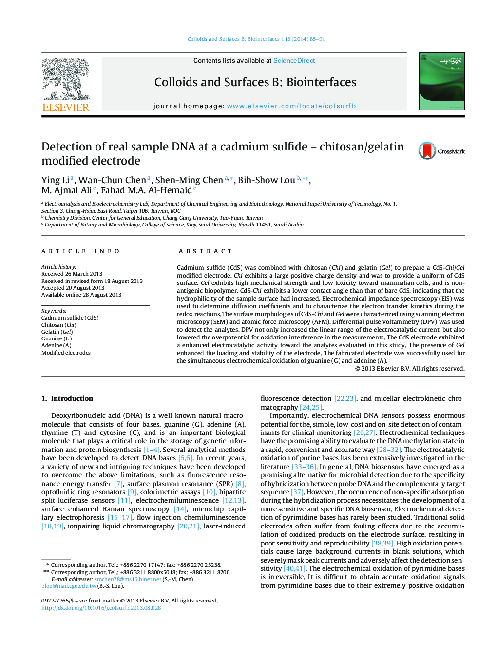 Detection of real sample DNA at a cadmium sulfide - chitosan/gelatin modified electrode