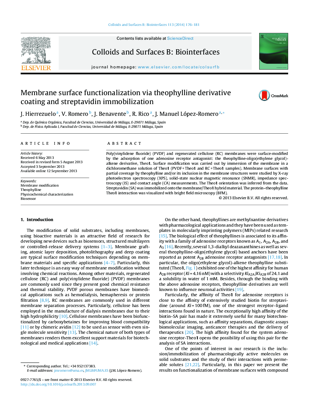 Membrane surface functionalization via theophylline derivative coating and streptavidin immobilization