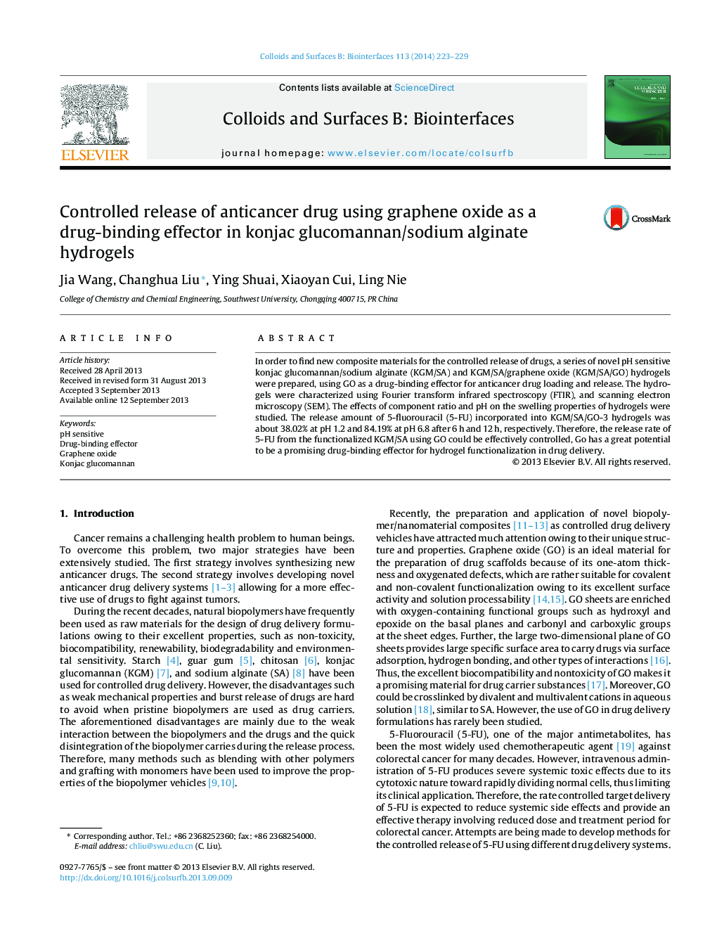 Controlled release of anticancer drug using graphene oxide as a drug-binding effector in konjac glucomannan/sodium alginate hydrogels