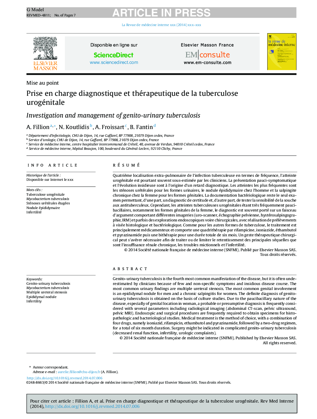 Prise en charge diagnostique et thérapeutique de la tuberculose urogénitale