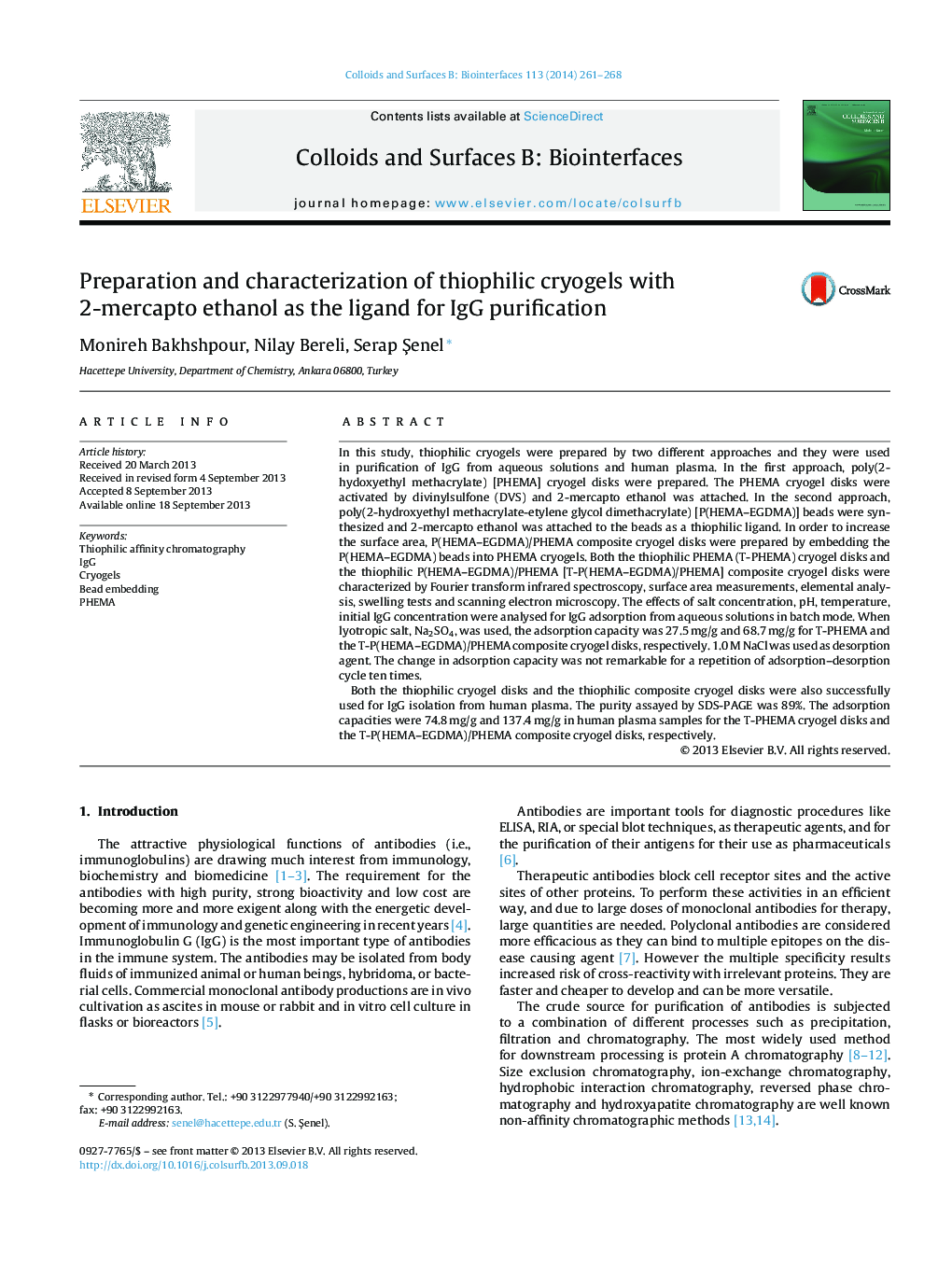 Preparation and characterization of thiophilic cryogels with 2-mercapto ethanol as the ligand for IgG purification