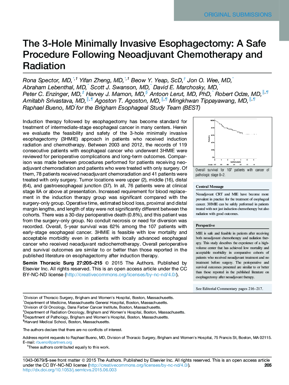 The 3-Hole Minimally Invasive Esophagectomy: A Safe Procedure Following Neoadjuvant Chemotherapy and Radiation