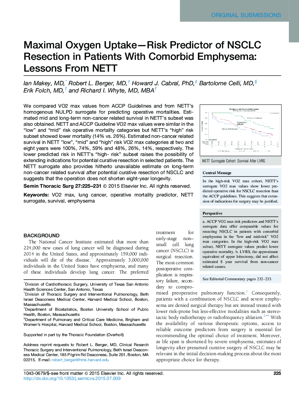 Maximal Oxygen Uptake-Risk Predictor of NSCLC Resection in Patients With Comorbid Emphysema: Lessons From NETT